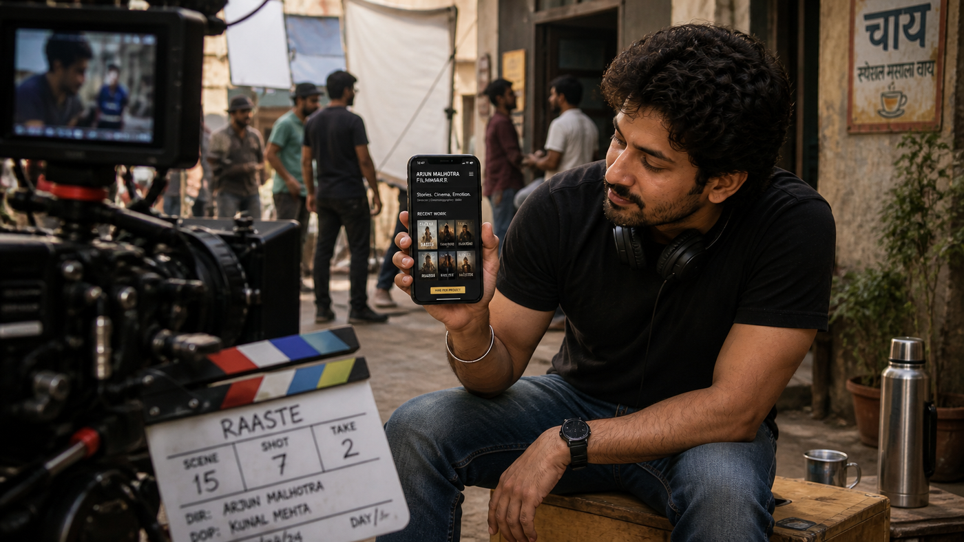 Arjun Malhotra portfolio app on phone — director on apple-box on Mumbai set holding phone showing reel grid with film thumbnails and Hire for Project CTA. Slate marked RAASTE