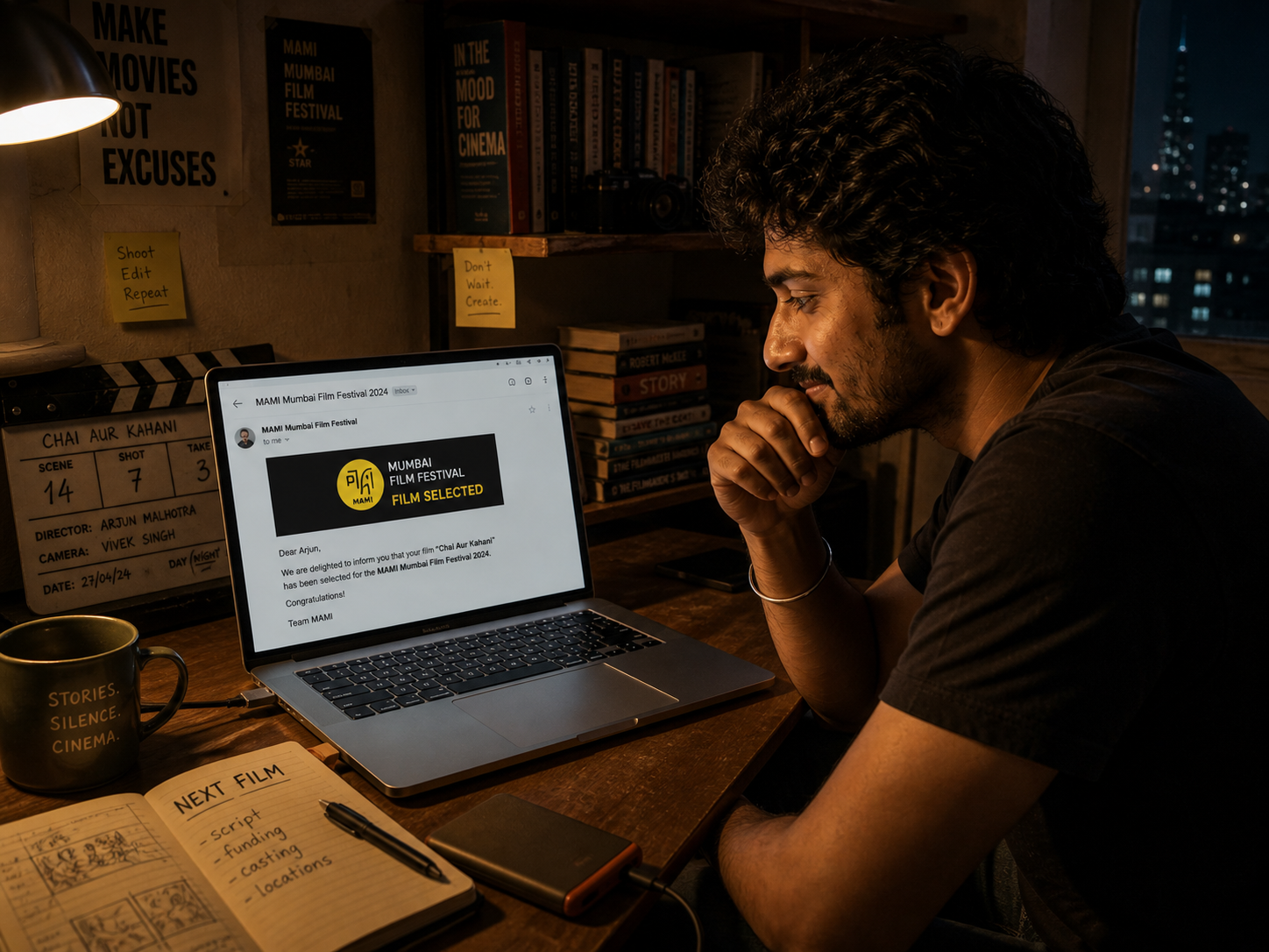 Arjun at his desk reading MAMI Mumbai Film Festival selection email on laptop, MAKE MOVIES NOT EXCUSES poster, STORIES TELL US WHO WE ARE mug, Next Film notebook