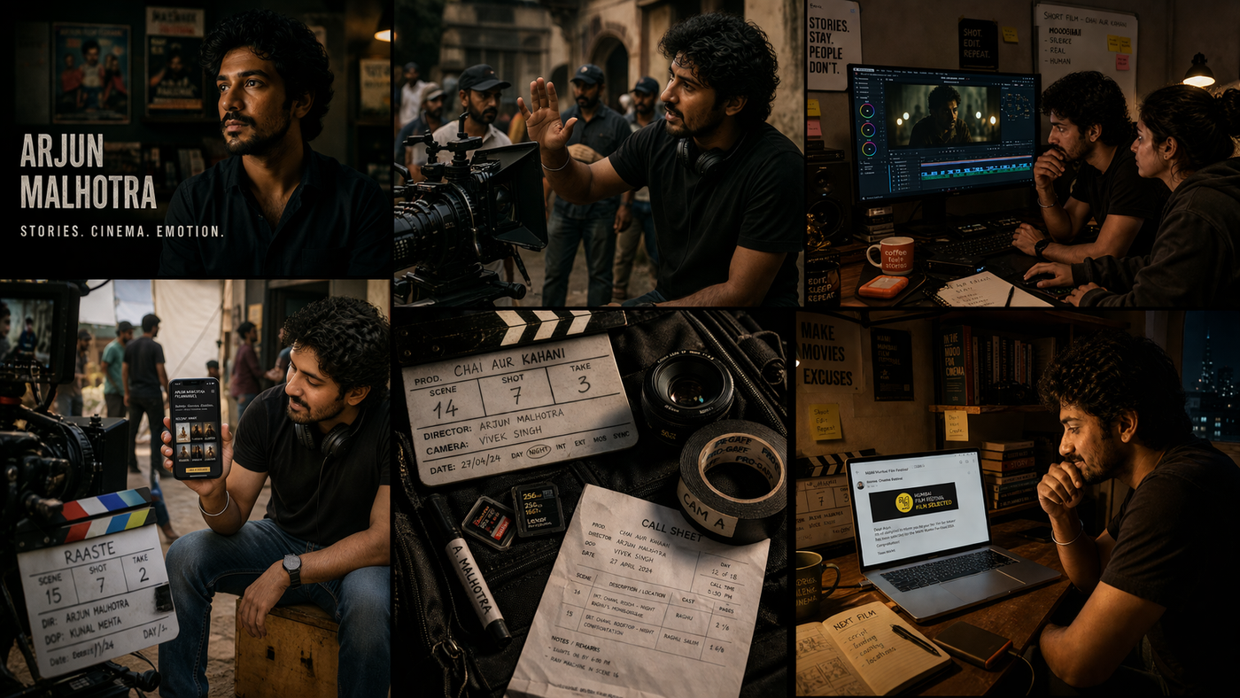 Arjun Malhotra — STORIES. CINEMA. EMOTION. — 6-panel directorial brand mosaic showing portrait, on-set, edit suite, dance, slate, and festival selection