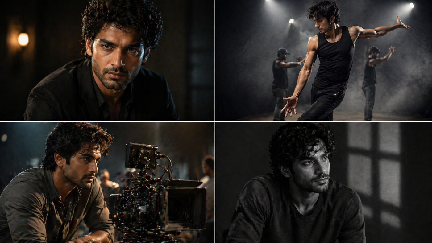 Arjun Malhotra — 4-panel actor + dancer + camera-op + portrait composite, showing range across direction, performance, and editorial portraiture