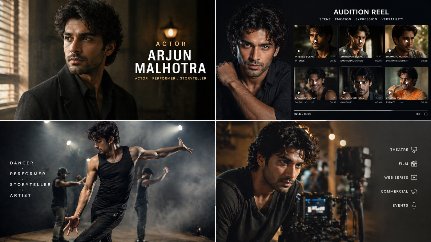 Arjun Malhotra — multi-disciplinary indie filmmaker. Director, actor, performer, storyteller. Editorial portrait quad with audition reel and dance performance