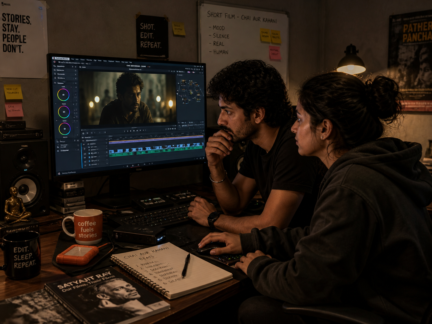 Arjun and editor Sneha Pillai at DaVinci Resolve timeline, Satyajit Ray book on desk, 'STORIES STAY PEOPLE DON'T' on wall, edit-sleep-repeat mug