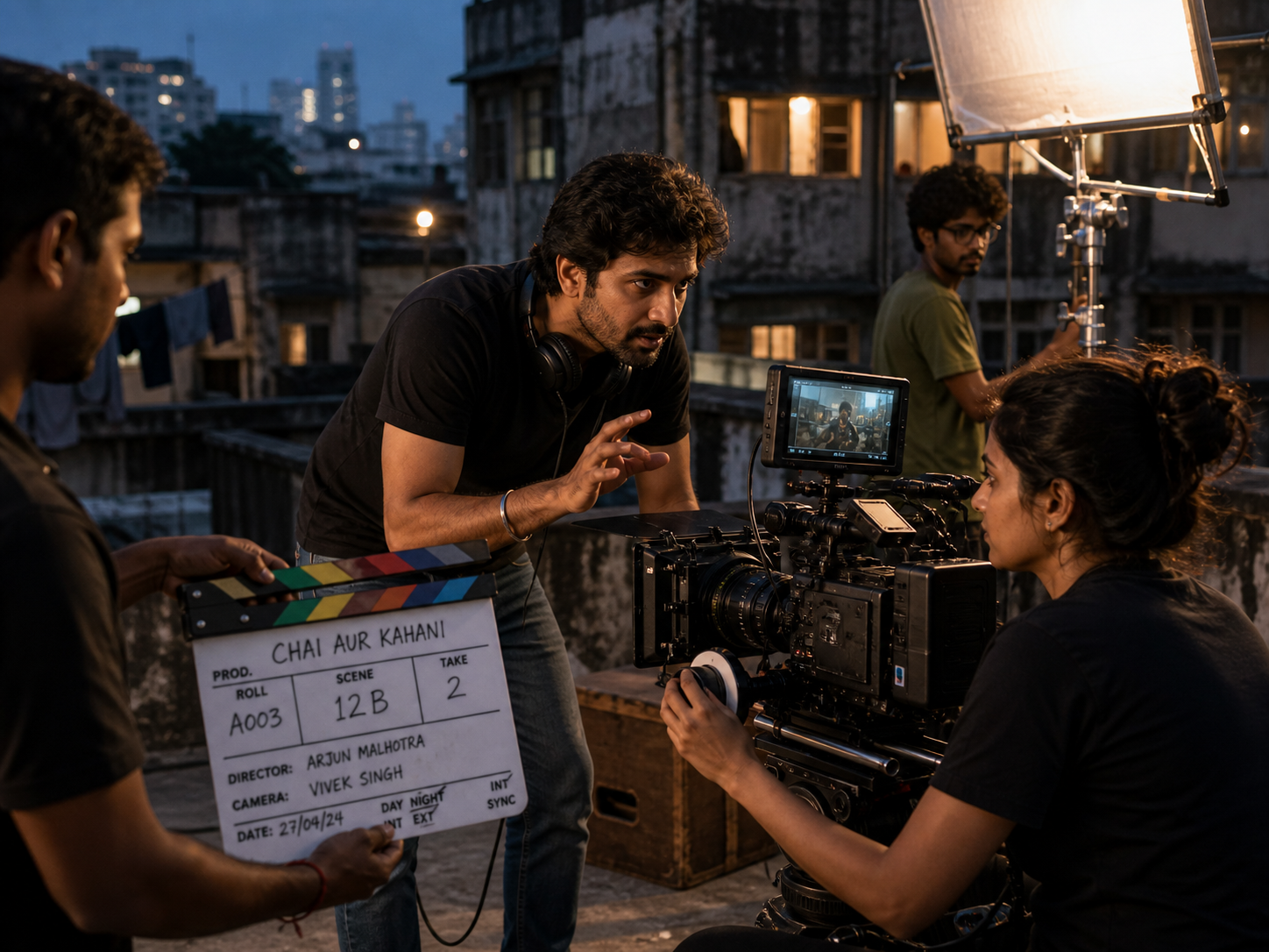 Arjun Malhotra directing on a Mumbai chawl rooftop set at blue hour. Slate marked CHAI AUR KAHANI · Director Arjun Malhotra · Camera Vivek Singh · Roll A003 Scene 12B Take 2