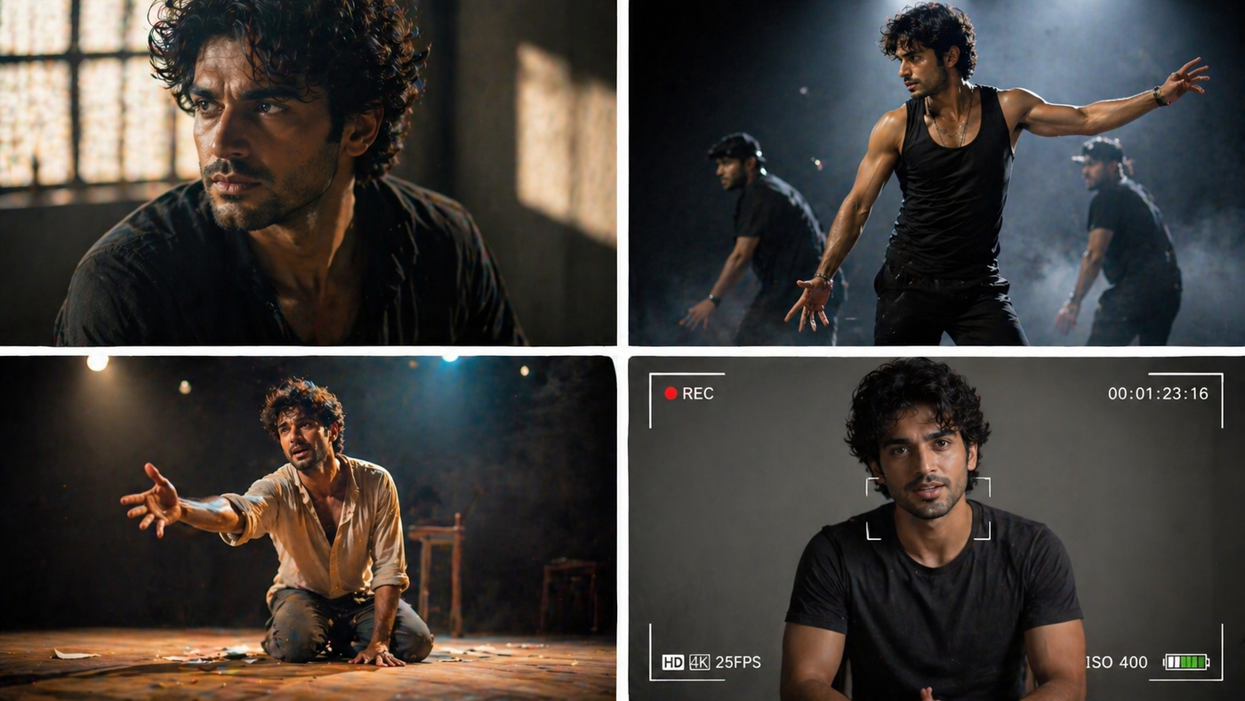 Arjun Malhotra performing-arts range — theatre stage monologue, contemporary dance solo, REC viewfinder commercial work, editorial closeup