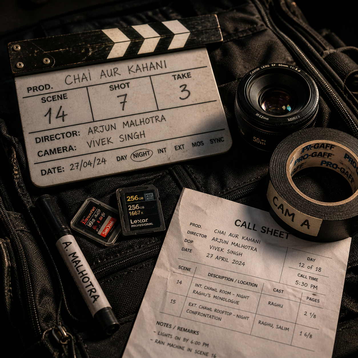 Indie filmmaker tactile detail — wooden clapperboard slate marked CHAI AUR KAHANI, 50mm Canon lens, PRO-GAFF black tape, A.MALHOTRA marker, call sheet on black camera-bag fabric
